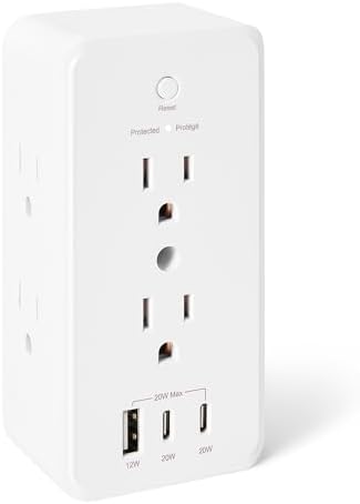 Amazon Basics Wall Mount Surge Protector Power Strip with 9-in-1 Hub, 1080 Joules, 6 AC Outlets, 1 USB-A and 2 USB-C (20W Fast Charging), White