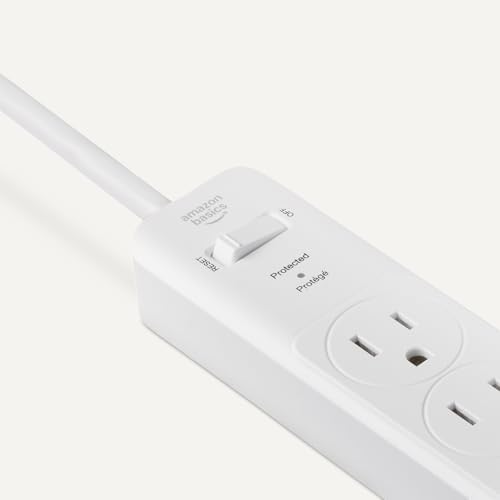 Amazon Basics Rectangle 6-Outlet Surge Protector Power Strip with Circuit Breaker, 600 Joule, 2ft Cord, White, 2-Pack
