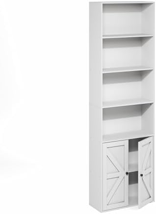 Furinno Jensen 6-Tier Farmhouse Style Book Shelf with Doors, Plain White