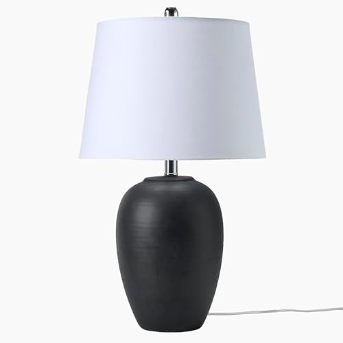 Nourison Home 23" Black Vintage Distressed Ceramic Pot Table Lamp for Bedroom, Living Room, End Table, with White Tapered Drum Shade