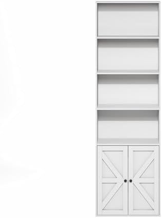 Furinno Jensen 6-Tier Farmhouse Style Book Shelf with Doors, Plain White
