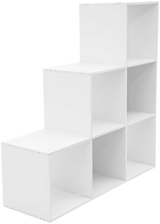 3-Tier Stepped Bookshelf, 6 Cube Storage Organizer, Freestanding Ladder Bookcase, L-Shaped Corner Shelf, Room Divider Shelf, 35.4" Tall Modern Display Shelf for Home Office Living Room