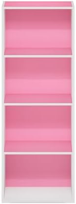Furinno LUDER 4-Tier Book Shelf, Open Shelves Bookshelf, Pink/White | 9 x 15.6 x 41.7, Closed Back, Modern Bookcase, for Living Room, Bedroom, Home Office