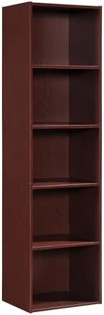 Pemberly Row 5-Shelf Wooden Bookcase, Mahogany Finish, Slim Multipurpose Storage Organizer, 59.06 in. H x 15.91 in. W x 11.77 in. D, Contemporary Design for Home Office, Bedroom, or Living Room Use
