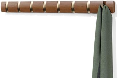 Umbra Flip Coat Rack, Wall Mount 8-Hook, Space Saving, Light Walnut/Warm Gold