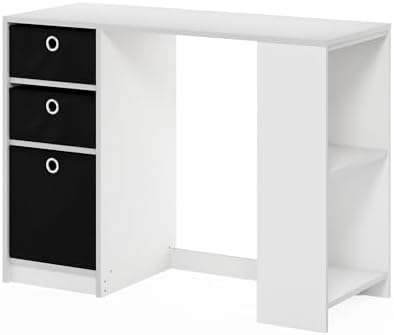 Furinno Jaya Desk, 39.4" Wide Gaming Desk with Drawer Bins, Computer Desk with Side Book Shelf, Writing Desk, Office Desk for Home Office, Study Room, Dorm, Bedroom, White