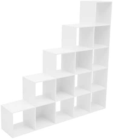 5-Tier Stepped Bookshelf, 15 Cube Storage Organizer, Freestanding Ladder Bookcase, L-Shaped Corner Shelf, Room Divider Shelf, 57.5" Tall Modern Display Shelf for Home Office Living Room