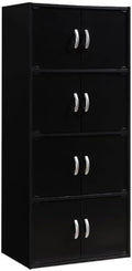 Pemberly Row 4 Shelf 8 Door Bookcase, 54.3 in H x 23.4 in W x 15.5 in D, Wood, Black Finish, Slim Multi-Purpose Organizer for Office, Bedroom, Living Room or Kids' Room