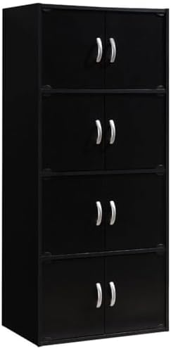 Pemberly Row 4 Shelf 8 Door Bookcase, 54.3 in H x 23.4 in W x 15.5 in D, Wood, Black Finish, Slim Multi-Purpose Organizer for Office, Bedroom, Living Room or Kids' Room