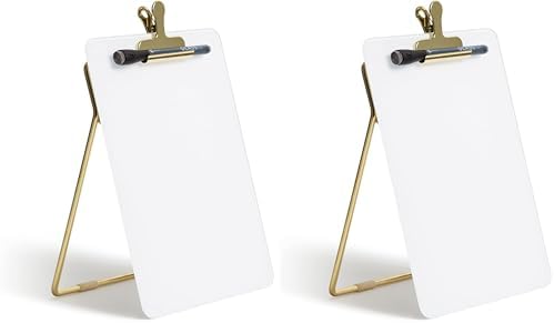 U Brands Glass Dry-Erase Desktop Easel, Tempered Glass, Gold Metal Stand, Removable Clip (Pack of 2)