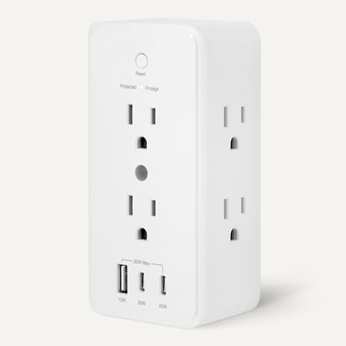 Amazon Basics Wall Mount Surge Protector Power Strip with 9-in-1 Hub, 1080 Joules, 6 AC Outlets, 1 USB-A and 2 USB-C (20W Fast Charging), White