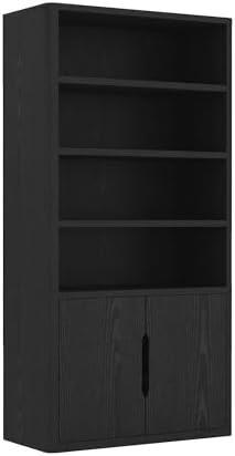 Manhattan Comfort Rivington Bookshelf, 79" Tall 4 Open Shelve Bookcase with Adjustable Shelves, and Soft Close Doors for Living Room or Home Office, Rounded Corner Storage Cabinet, Set of 2 in Black