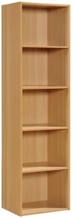 Pemberly Row 5-Shelf Wooden Bookcase, Beige Finish, Slim Design, 59 in H x 15.9 in W x 11.8 in D, Contemporary Style, Multi-Purpose Storage for Office, Bedroom, Kids Room, or Entryway