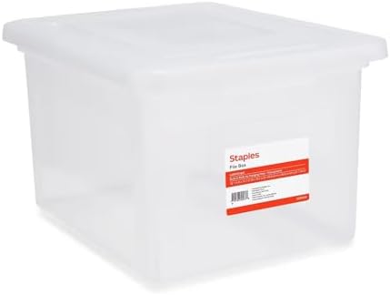 STAPLES Plastic File Box with Snap Lid, Letter/Legal Size, Clear, 2/Pack | Stackable storage box keeps hanging files organized and protected.