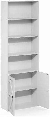 Furinno Farmhouse 6-Tier Book Shelf with Doors, Bookshelf, White