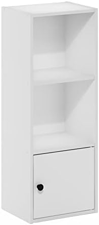 Furinno LUDER Book Shelf, 3-Tier Modern Bookshelf, Bookcase with 1 Door Storage Cabinet, 9.3 x 12 x 31.5, for Living Room, Bedroom, Home Office, Plain White