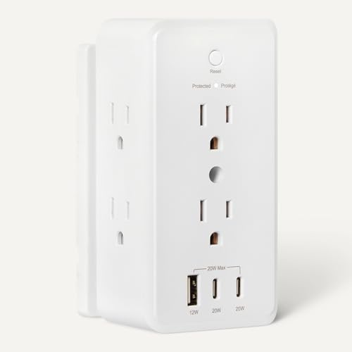 Amazon Basics Wall Mount Surge Protector Power Strip with 9-in-1 Hub, 1080 Joules, 6 AC Outlets, 1 USB-A and 2 USB-C (20W Fast Charging), White