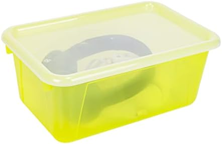 Storex Small Cubby Bins – Plastic Storage Containers for Classroom with Non-Snap Lid, 12.2 x 7.8 x 5.1 inches, Tint Yellow, 5-Pack (62482A05C)