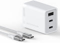Scosche 70W Fast Charging Compact 3-Port Wall Charger Block wiht 8ft Cable, Dual USB-C & USB-A GaN Power Delivery Adapter with Foldable Plug for iPhone 17/16, iPad, MacBook Air, Galaxy S26/S25 & More
