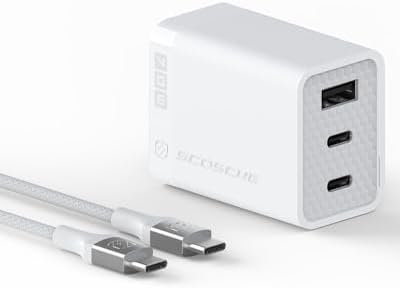 Scosche 70W Fast Charging Compact 3-Port Wall Charger Block wiht 8ft Cable, Dual USB-C & USB-A GaN Power Delivery Adapter with Foldable Plug for iPhone 17/16, iPad, MacBook Air, Galaxy S26/S25 & More
