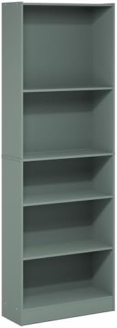 Furinno Jaya Book Shelf, 5-Tier Bookshelf, Bookcase with Adjustable Shelves, 9.5" x 24.5" x 71.2", for Organization and Storage, for Living Room, Bedroom, Home Office, Sage Green