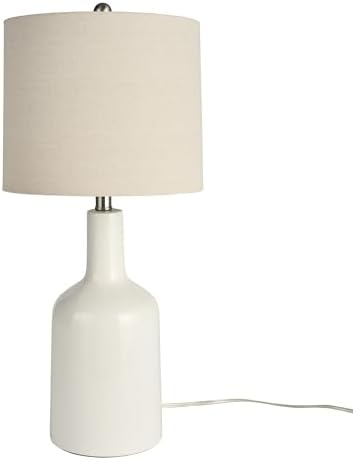 Nourison Home 22" White Glossy Ceramic Table Lamp with Oatmeal Linen Shade for Modern Farmhouse, Bedside Lamp, Living Room Lamp, Small Accent Lamp for Dining Room
