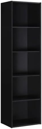 Pemberly Row 5-Shelf Wooden Bookcase, Black Finish, 59.06 in H x 15.91 in W x 11.77 in D, Slim Multi-Purpose Design, Engineered Wood Construction, Contemporary Style for Home or Office Organization