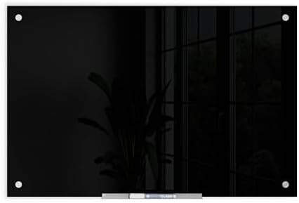 U Brands Glass Dry Erase Board, 24" x 36", Black Surface with Silver Grommets, Frameless, Includes Marker with Built-in Eraser