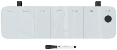 U Brands Magnetic Cubicle/Wall Glass Dry-Erase Weekly Calendar Board, 20" X 5.5" Inches, White Frosted Surface, Frameless