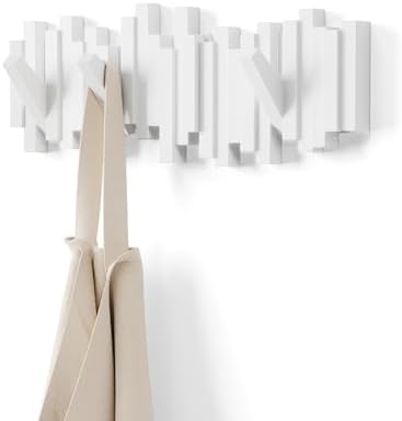Umbra Sticks Wall Mount Coat Rack, 5 Hook Retractable Pegs, White