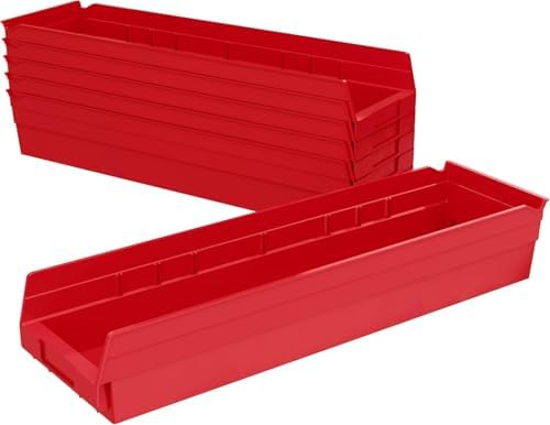Akro-Mils 30164 Heavy Duty Plastic Shelf Bins, 24"x 6.5"x 4", Red, 6-Pk
