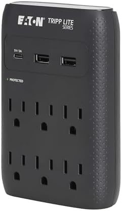 Eaton Tripp Lite SK60CB Wall Surge Protector Power Strip & USB Wall Charger, 6-Outlet Extender, 1 USB-C + 2 USB Ports, 1080 Joules, Multi-Plug Outlet Splitter, Black, Lifetime Manufacturer's Warranty