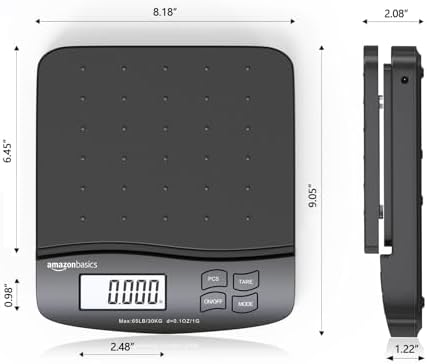 Amazon Basics Digital Postal Shipping Scale with Tare Function, AC Adapter, 65 lb Capacity, 0.1 oz Readability, LCD Display, Black