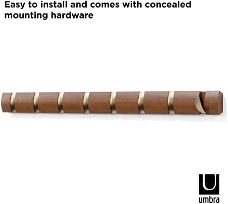 Umbra Flip Coat Rack, Wall Mount 8-Hook, Space Saving, Light Walnut/Warm Gold