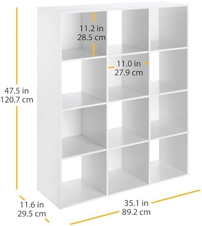 Whitmor 12 Cube Storage Organizer, 4 Tier Stackable Mdf Wood Bookcase, Open Storage Display Bookshelf, Storage Cabinet for Living Room, Bedroom, Home, Office, 35.1"L x 11.6"W x 47.5"H, White