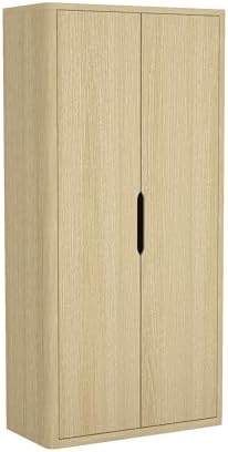Manhattan Comfort Rivington Bookshelf 79 in Tall 5-Tier Bookcase with Soft Close Doors, Modern Storage Cabinet, Handle-Free, Round Corner Design for Living Room, Bedroom, or Home Office in Natural Oak