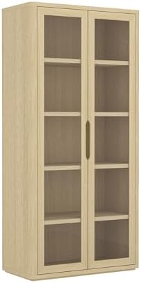 Manhattan Comfort Rivington 79" Tall Modern 5 Shelf Bookcase with Soft Close Glass Doors, Handle-Free, Adjustable Shelves, Display Storage Cabinet for Living Room, Bedroom, or Office in Natural Oak
