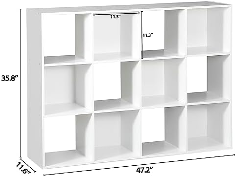 12 Cube Storage Shelf Organizer, Wood Bookshelf Organization Unit, Cube Shelves for Home Office Bedroom Living Room, White