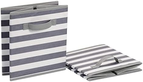 Amazon Basics Collapsible Fabric Storage Bins with Handles, Cube Organizer for Home Organization, 10.5"x10.5"x11", White/Light Grey Stripe, 6-Pack