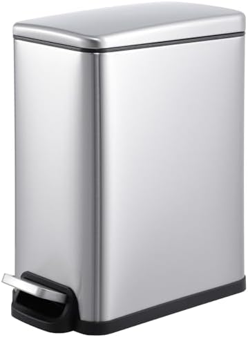 PrecisionAuto Slim Bathroom Trash Can with Soft Close Lid, 10 Liter / 2.6 Gallon Stainless Steel Step Garbage Can with Removable Inner Bucket, Narrow Trash Bin for Toilet Bedroom Kitchen, Silver