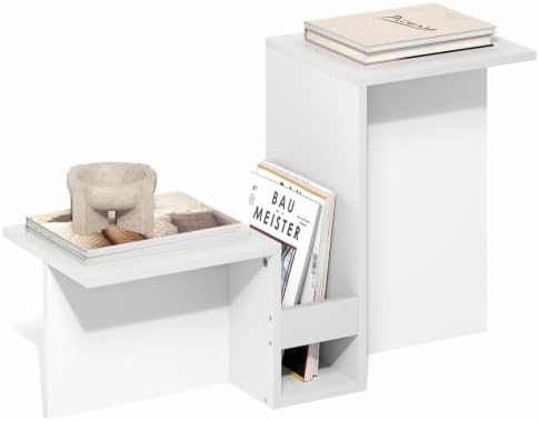Furinno BOYATE Valley-Shaped Side Table with Open Shelf, White | Compact, Narrow, Tiered Levels and Magazine Rack, High-Low Tabletop, End Table, for Living Room, Bedroom
