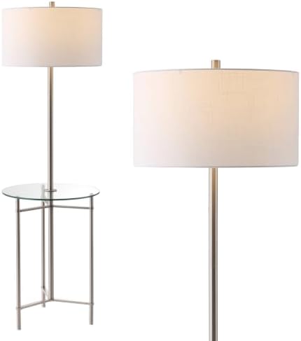 JONATHAN Y Chuck 59" Metal and Glass Side Table Floor Lamp, Brushed Nickel