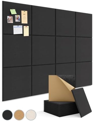 Kuchoow Large Felt Bulletin Cork Board Self-Adhesive Black Squares Pin Wall Tiles, 48'' x 36'' Vision Tack Panels for Classroom Office Display 12 Pack Corkboard for Kitchen Bedroom Home Decor