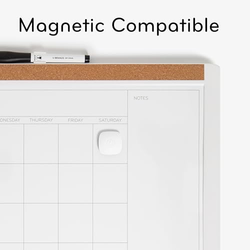 U Brands Magnetic Dry Erase Calendar White Board, 16" x 20", White Pin-It Frame, Includes Marker and Magnet