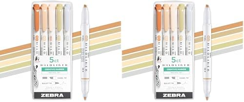 Zebra Pen Mildliner Double-Ended Highlighter Set, Broad and Fine Point Tips, No Bleed Bible Assorted Neutral Vintage Ink Colors, Model Number: 78605, 5-Count, Pack of 2