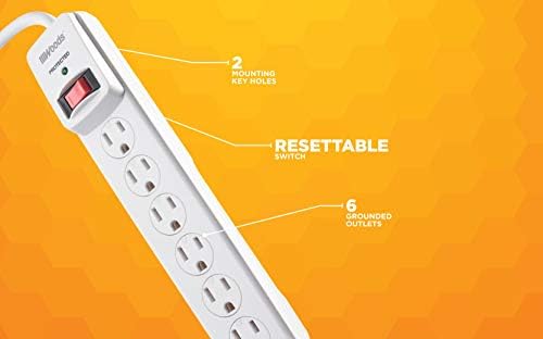 Southwire Woods Surge Protector Power Strip - 900J Overload Protection - 3 Foot Cord - UL Listed Surge Protector - Built-In Circuit Breaker - White - 6 Outlets