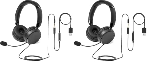 Amazon Basics On Ear Wired Computer Headset with Adjustable Microphone, 3.5mm Port or in-Line Control with USB-A Port, Foldable, Clear Sound, Small/Medium Size, Black (Pack of 2)