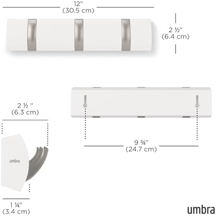 Umbra Flip Coat Rack, Wall Mount Retractable Hooks, 3-Hook, White/Nickel