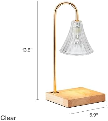 Mikasa 13.8 Inch Electric Candle Warmer with Clear Glass Shade and Dimmer - Flameless Wax Melter Lamp with Halogen Bulb, Wooden Base, Gold Accents for Home Decor and Fragrance