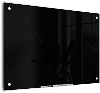 U Brands Glass Dry Erase Board, 24" x 36", Black Surface with Silver Grommets, Frameless, Includes Marker with Built-in Eraser